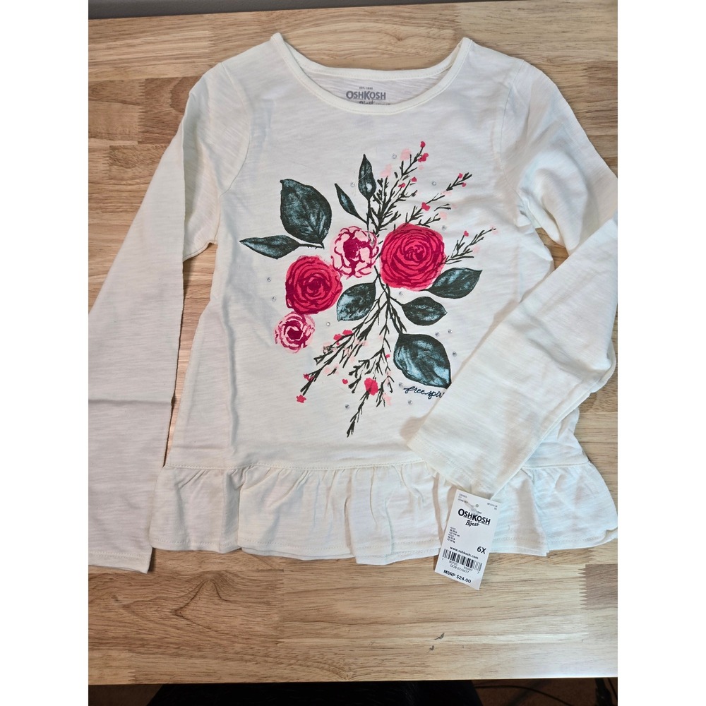 OshKosh Bgosh Girls Ivory Floral Ruffle Peplum Long Sleeve Tee Shirt 6X NWT